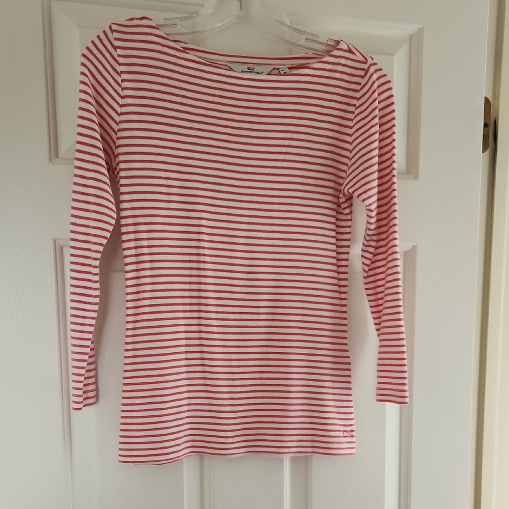 Vineyard Vines Fitted Coral and White 3/4 Sleeve Tee
